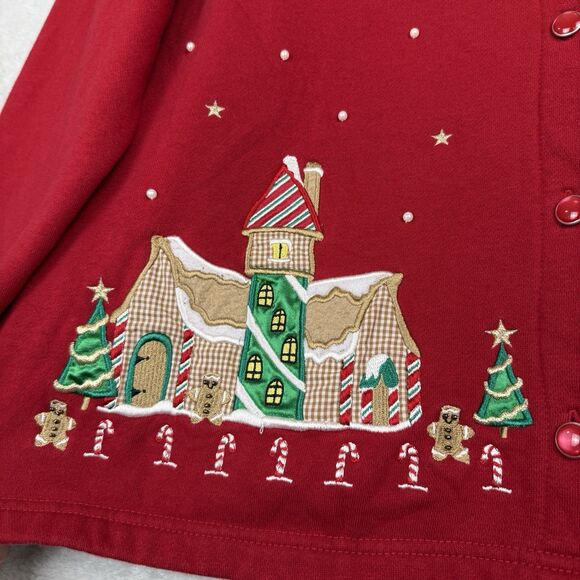 Vtg Christmas Cardigan Jacket Womens 1X Red Embroidery Santa Holiday Grandmacore - Picture 4 of 12
